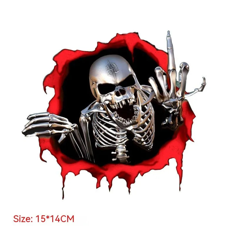 Close-up of colourful broken shell pattern reflective metal skull car sticker, 15cm by 14cm, on PET film.