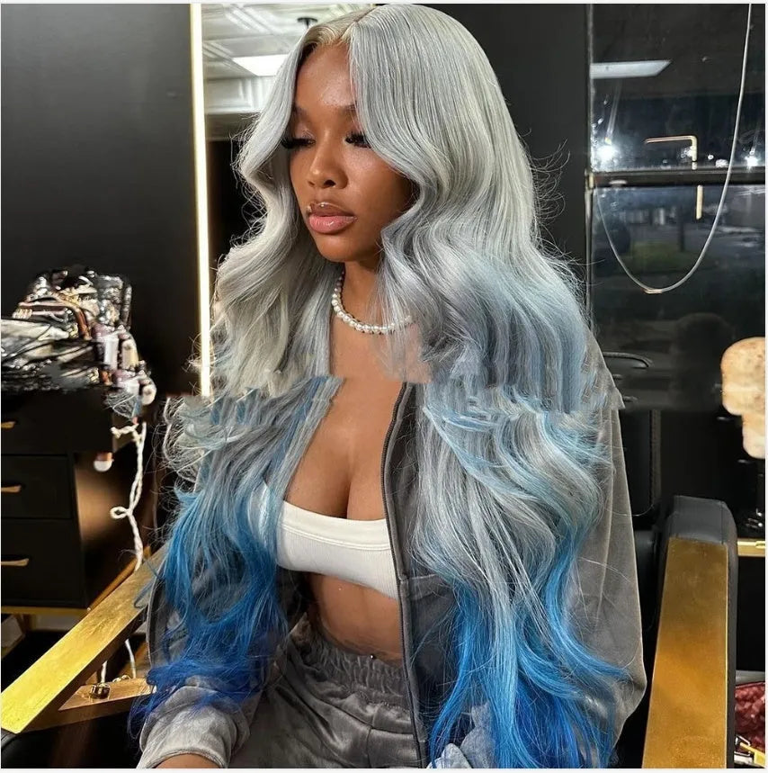 Grey blue gradient human hair headgear wig in Ruili style on a display stand.