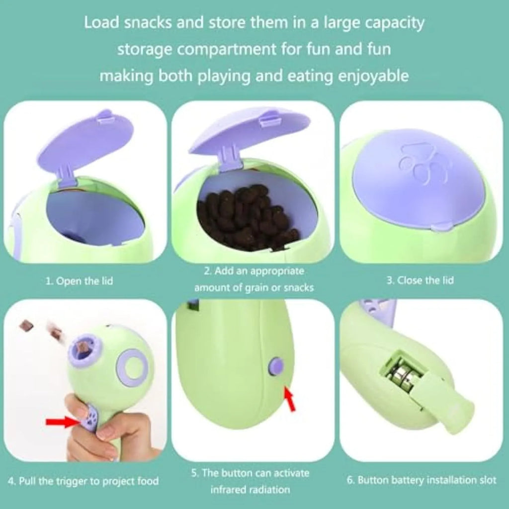 Green, orange and pink dog treat launcher toy for interactive training and slow feeding