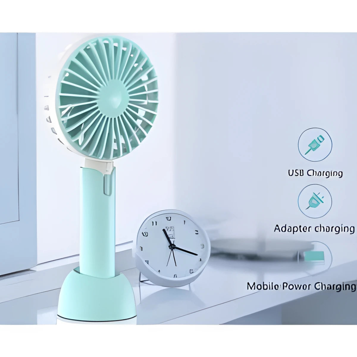 Blue portable USB handheld desktop fan with three-speed control and figure-8 oscillation