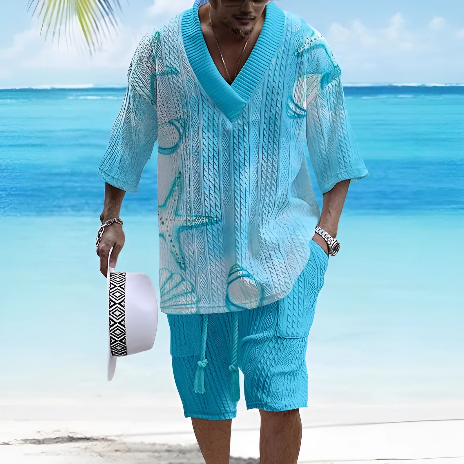 Loose casual short sleeve suit set in polyester with matching top and shorts