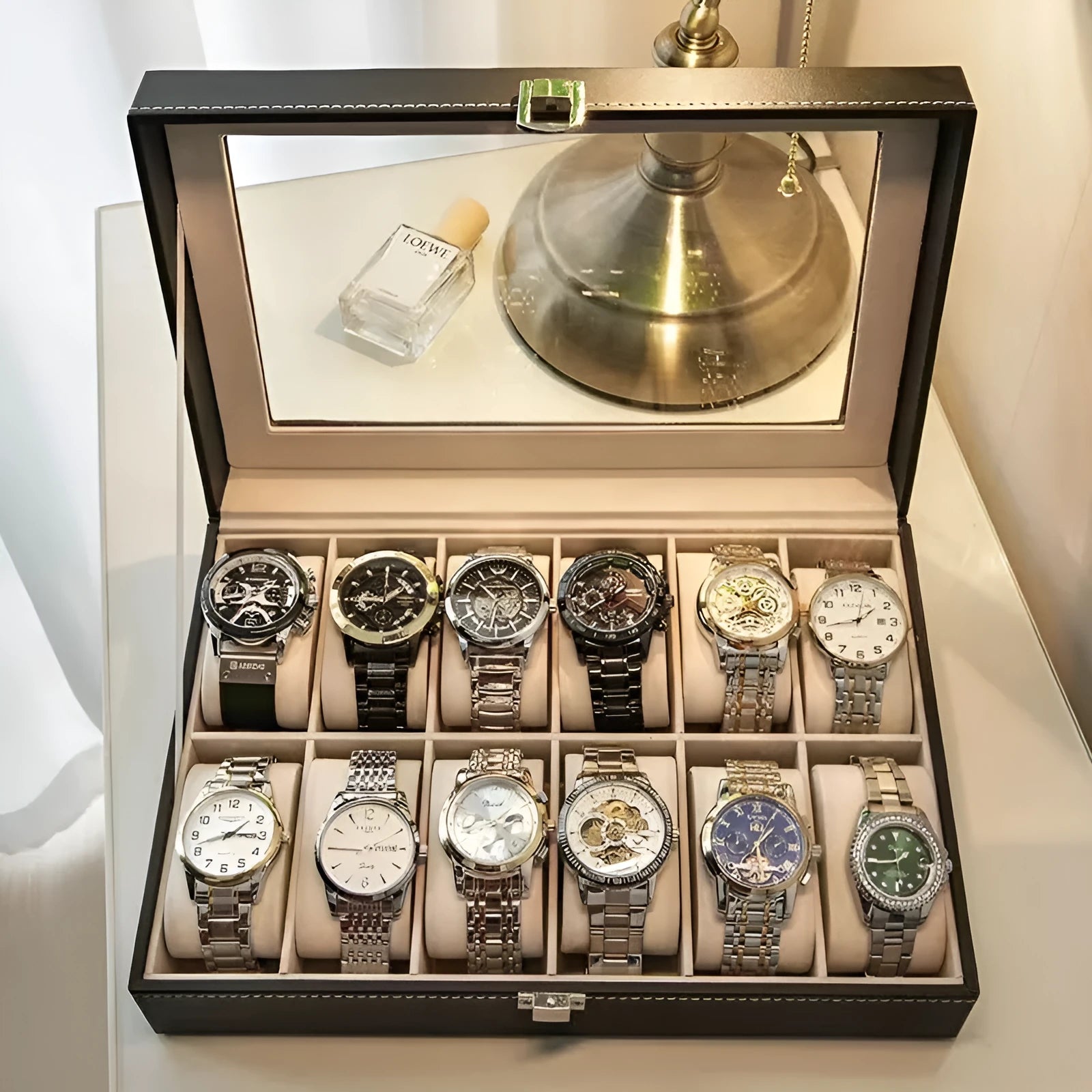Grey high-grade leather watch storage box with multiple compartments and clear dustproof lids.
