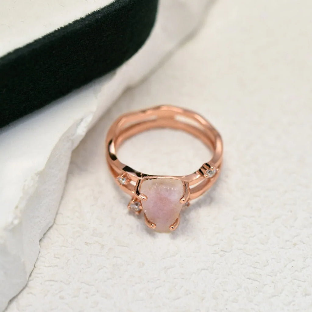 S925 sterling silver irregular triangle ring with moonstone in rose, white, or yellow gold finish.