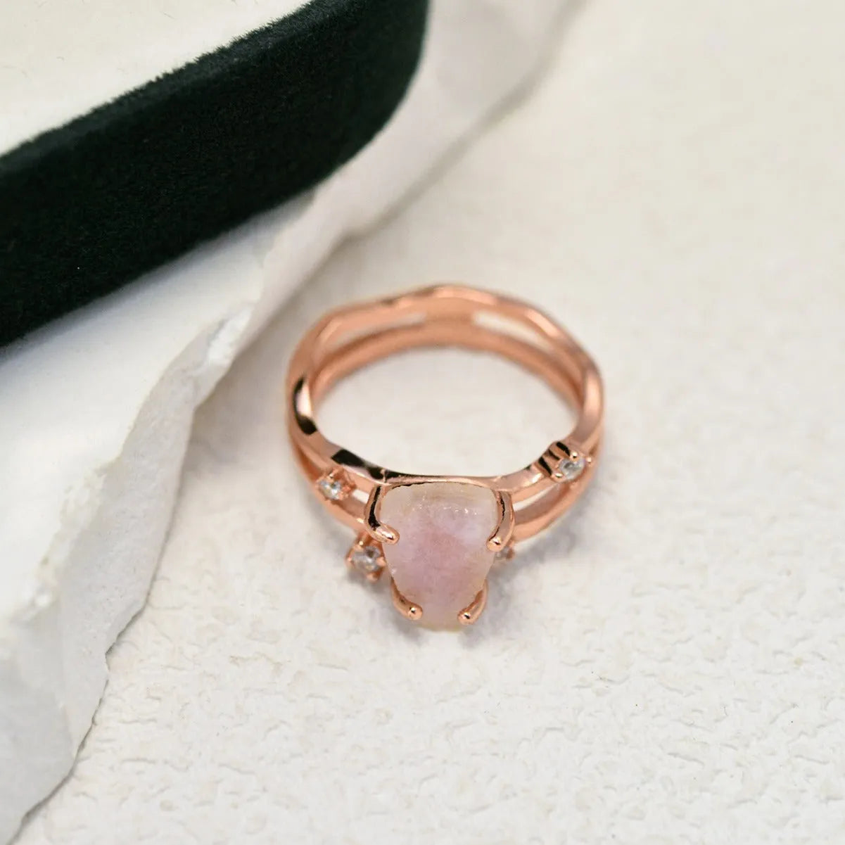 S925 sterling silver irregular triangle ring with moonstone in rose, white, or yellow gold finish.