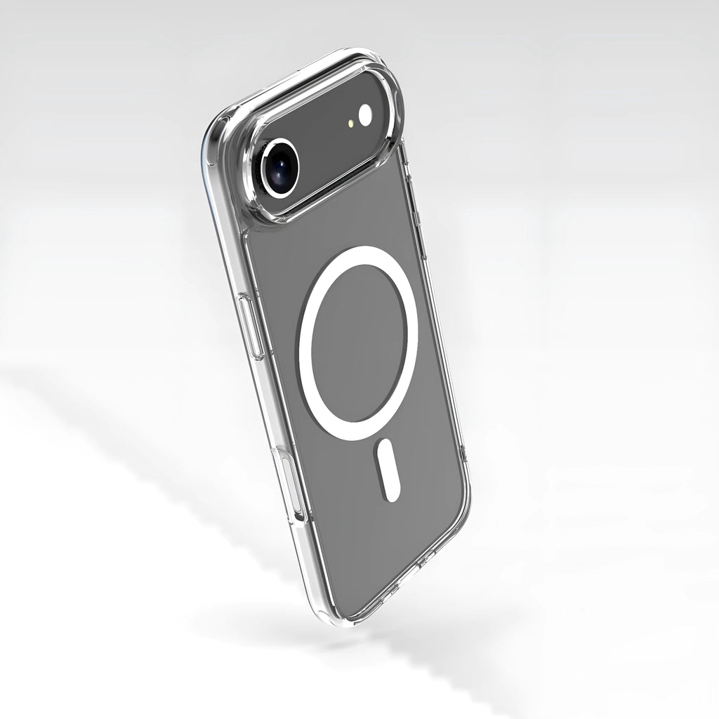 Transparent magnetic phone case for iPhone 17 Air with shockproof TPU construction and built-in magnetic ring.