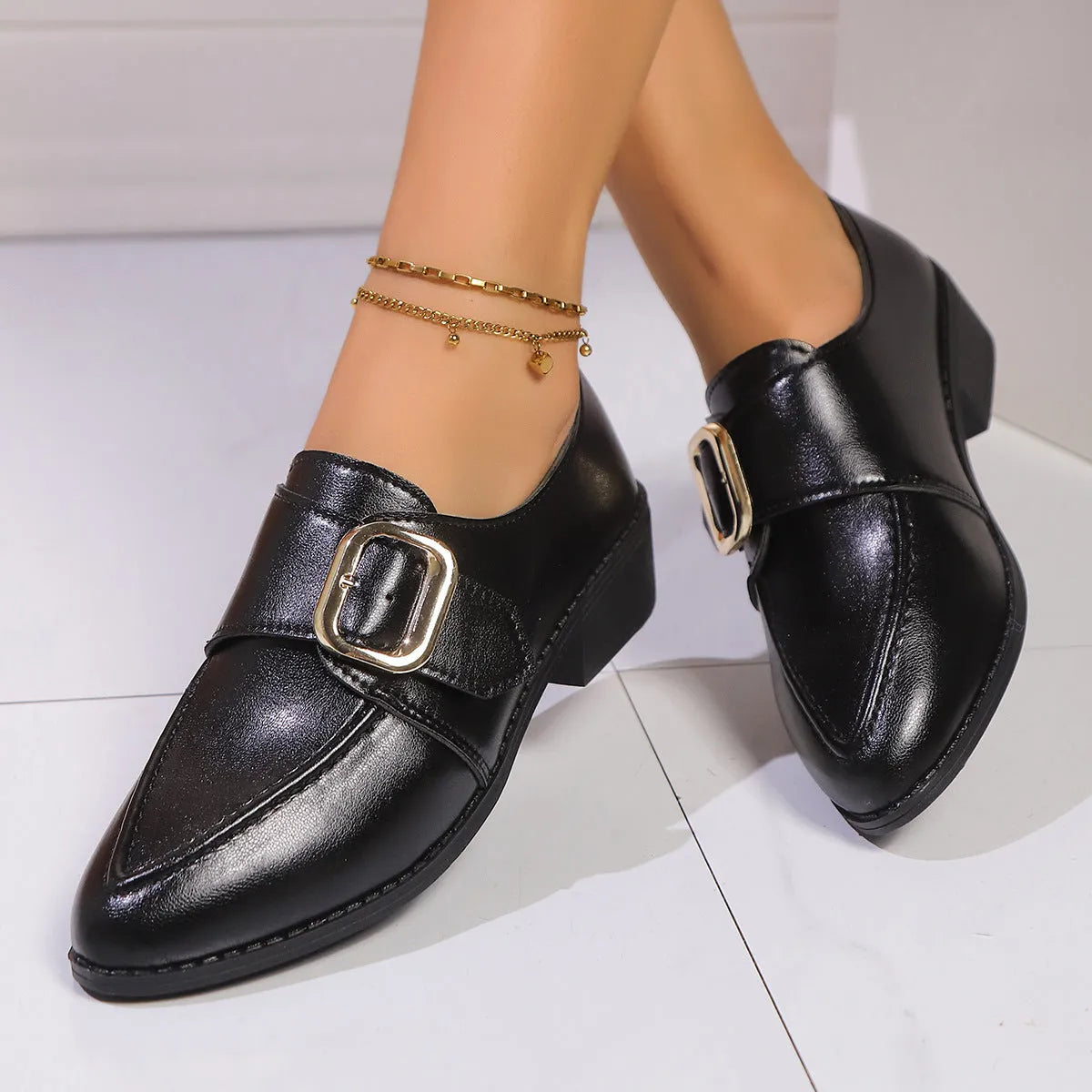 Women's British-style leather flats with bow decoration and rubber sole