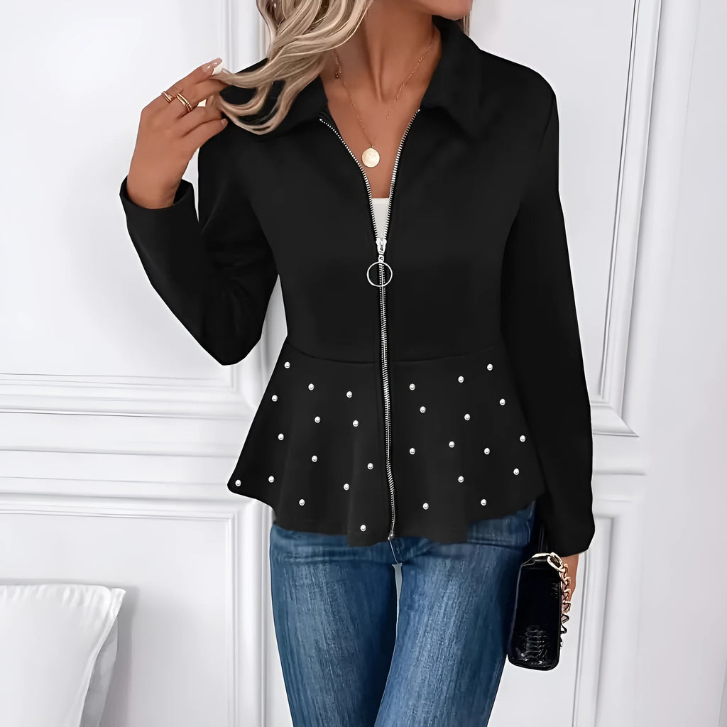 Women's loose fit coat with beaded zipper and ruffle hem in regenerated cellulose fibre blend