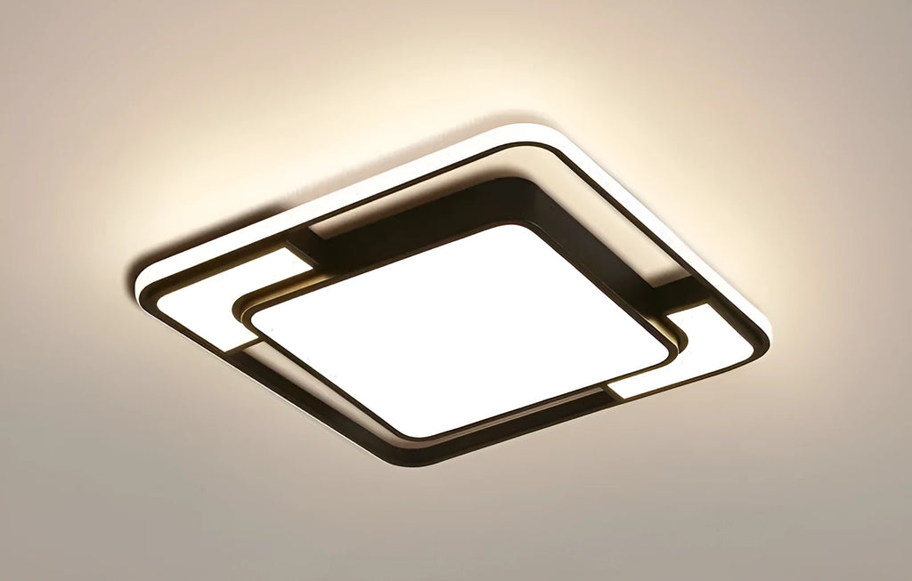 White square LED ceiling lamp with iron frame and PVC hardware.