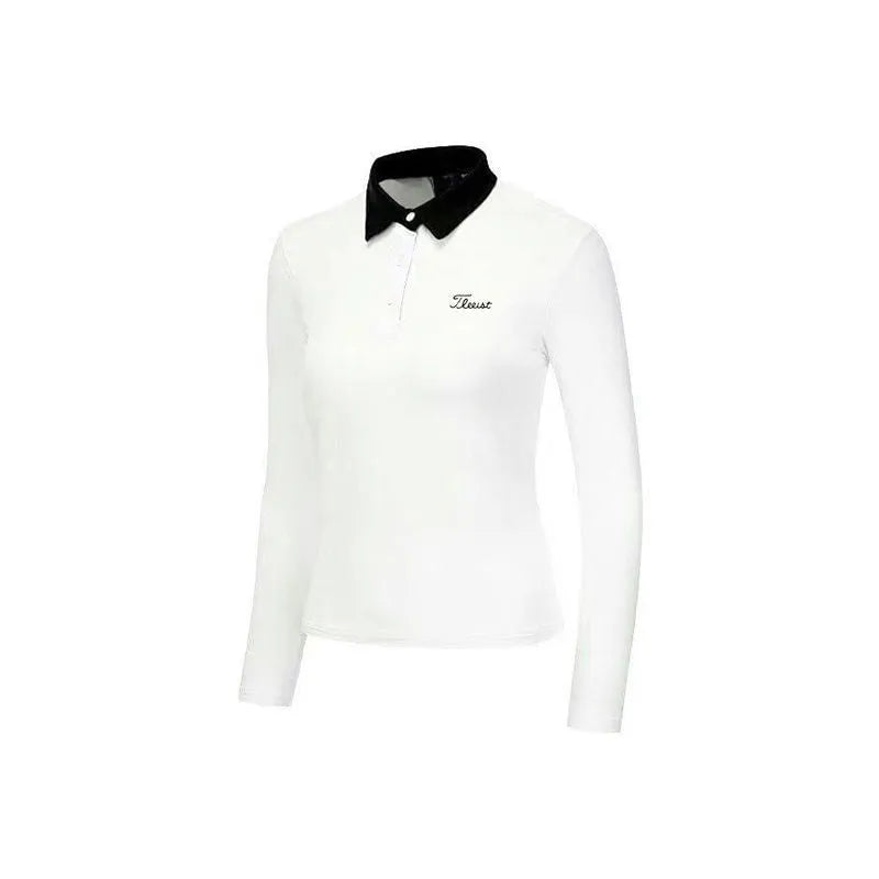 Women's long sleeve white golf top made from breathable polyester fabric for sun protection