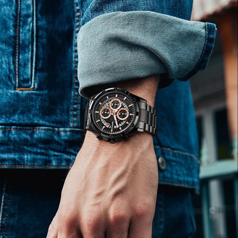 Men's waterproof luminous quartz watch with stainless steel bracelet in black, gold, or silver colour options