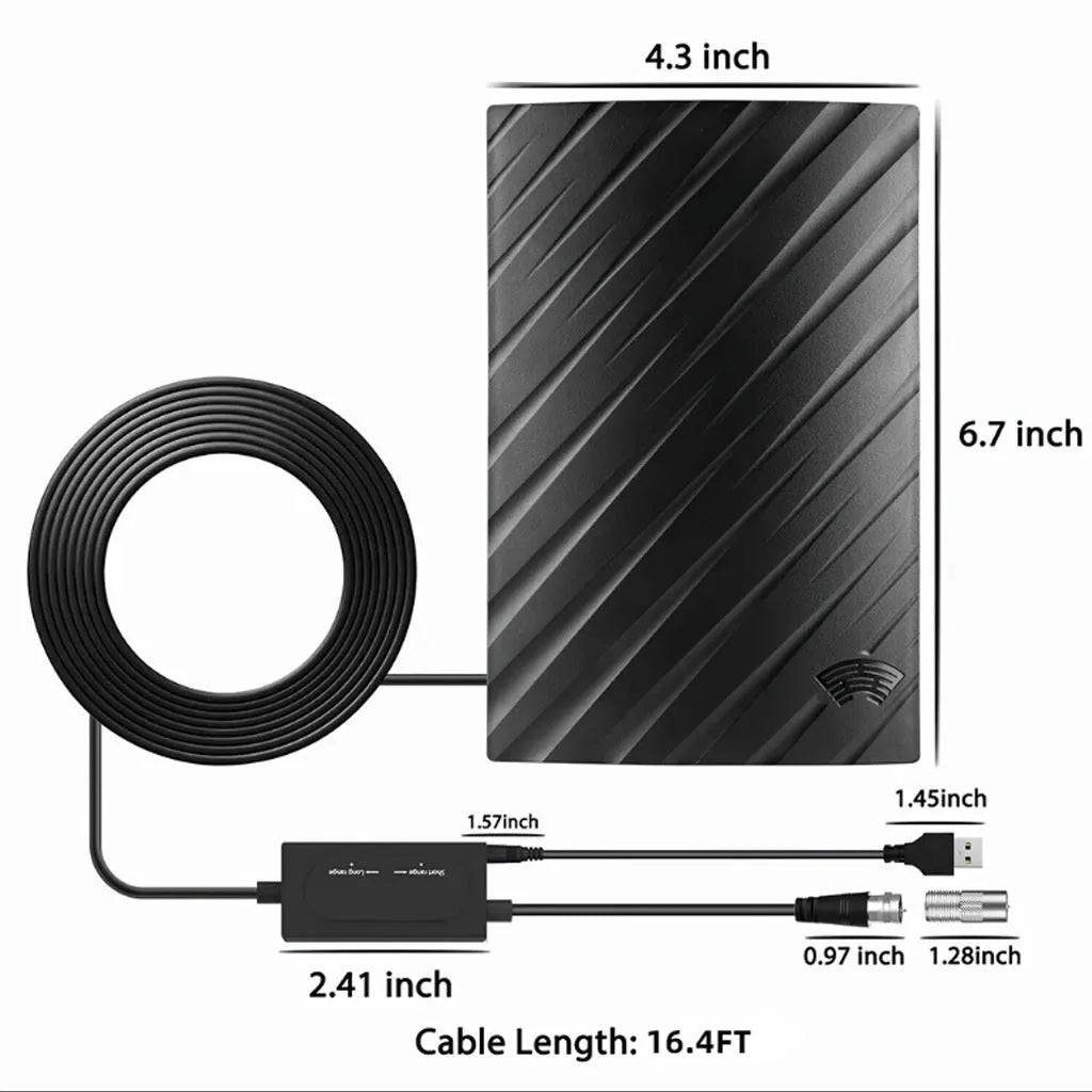 Black indoor digital television antenna with mounting accessories including expansion tubes, screws, cable ties, and adhesive tape