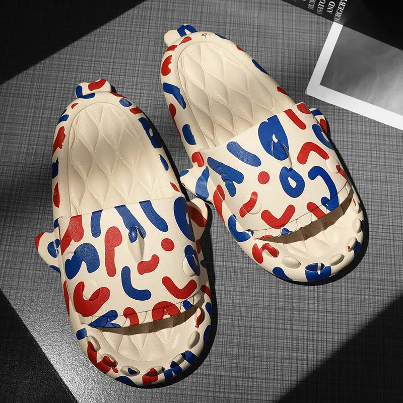EVA open-toe shark-themed couple slippers in assorted colours on a white background.