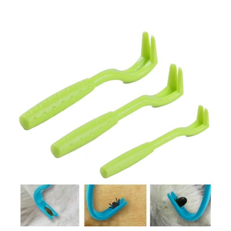 Three plastic pet tick removal hook tools in blue or green for dogs and cats.