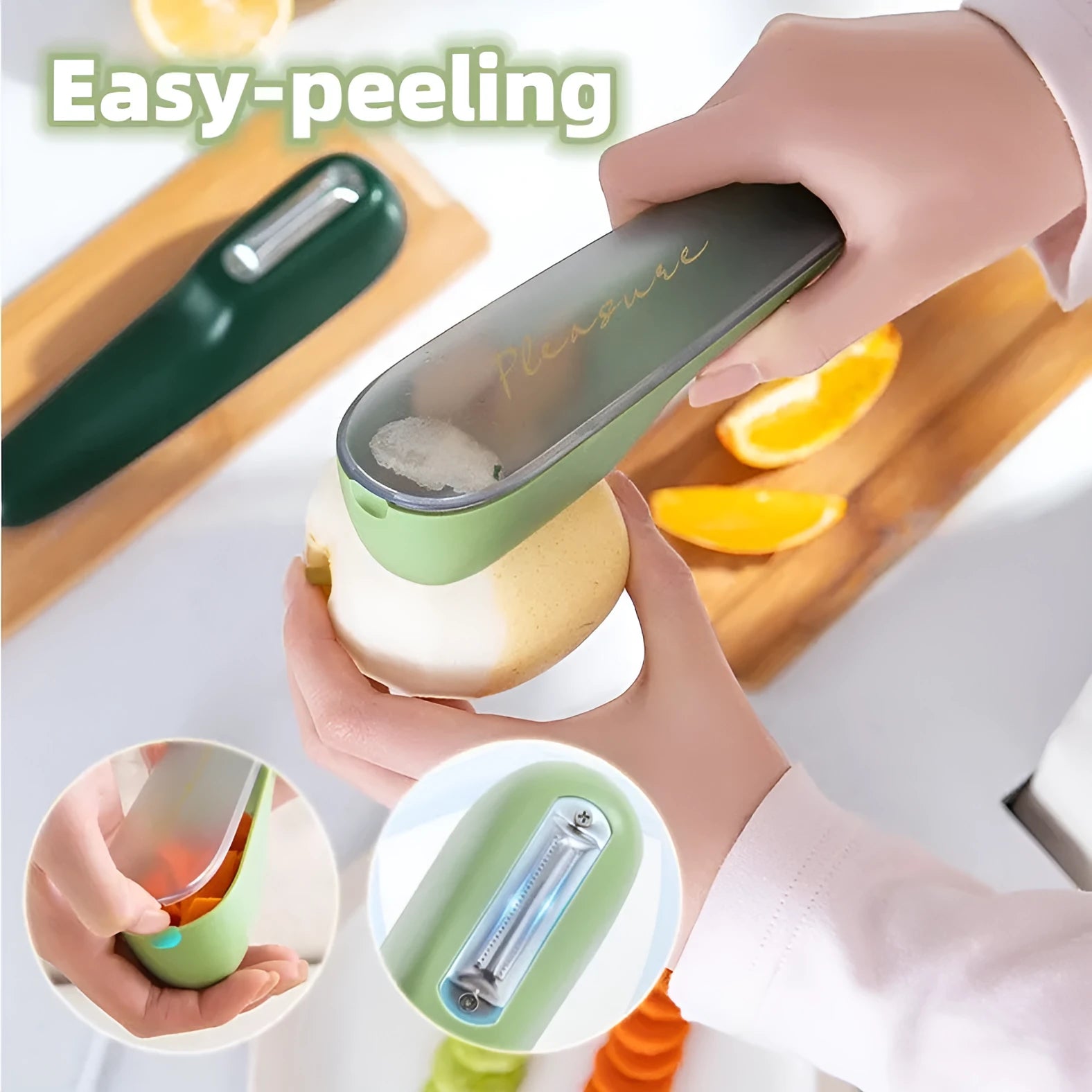 Dark green kitchen peeler with stainless steel blade inside its open storage tube on a counter.