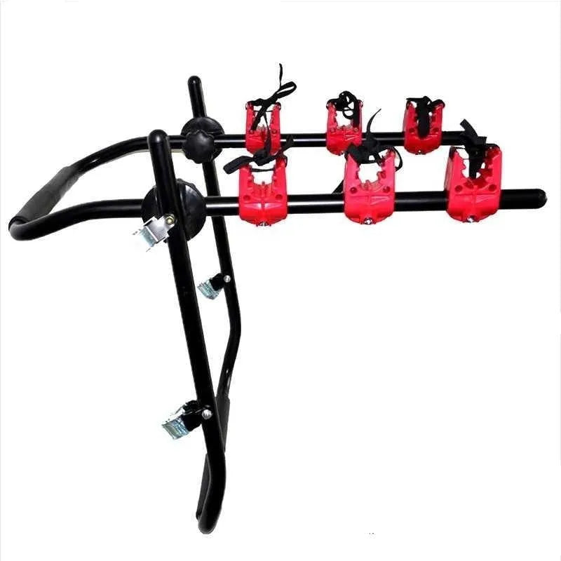 Black and red car boot mounted bike rack with iron frame and dual securing options