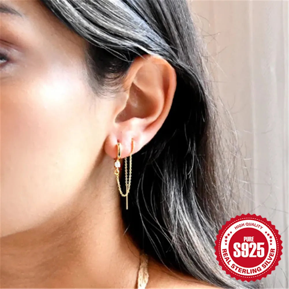 S925 sterling silver geometric ear clip stud earrings with flower and tassel elements in gold electroplated finish