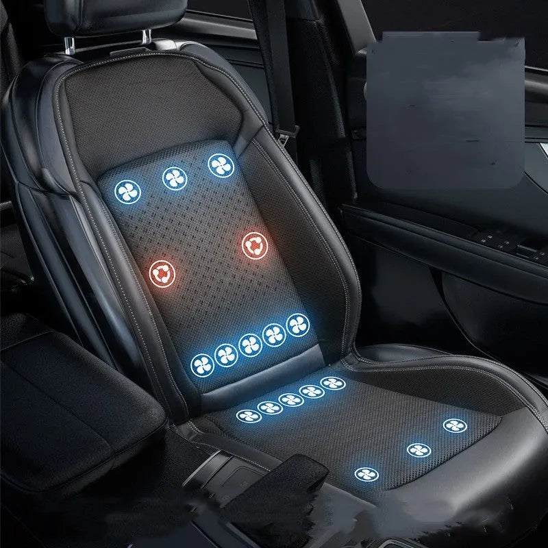 Single-seat car cooling pad with minimalist solid-colour design, shown in blue and black options.