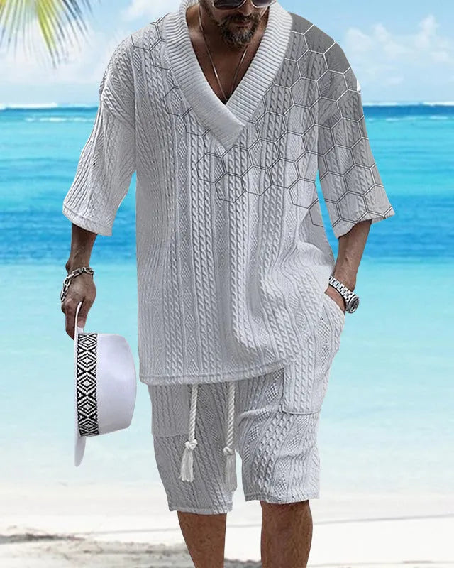 Men's printed drop-shoulder knitted shorts suit in polyester blend fabric