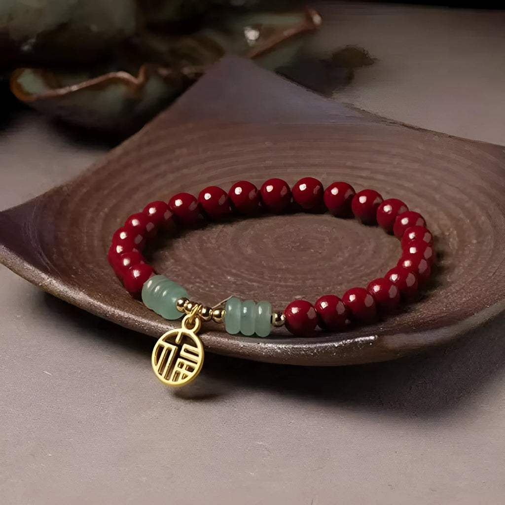 Handcrafted cinnabar bracelet with copper beads in wave design, national style unisex accessory