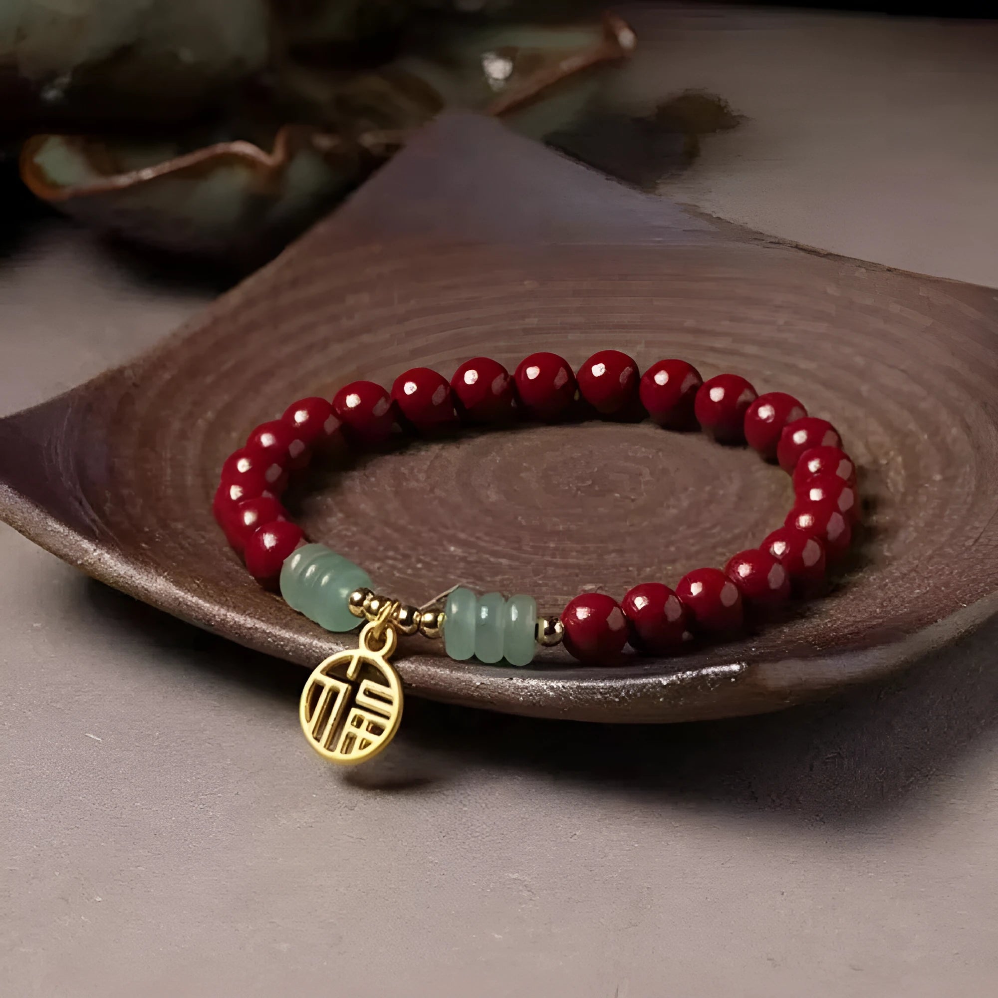 Handcrafted cinnabar bracelet with copper beads in wave design, national style unisex accessory