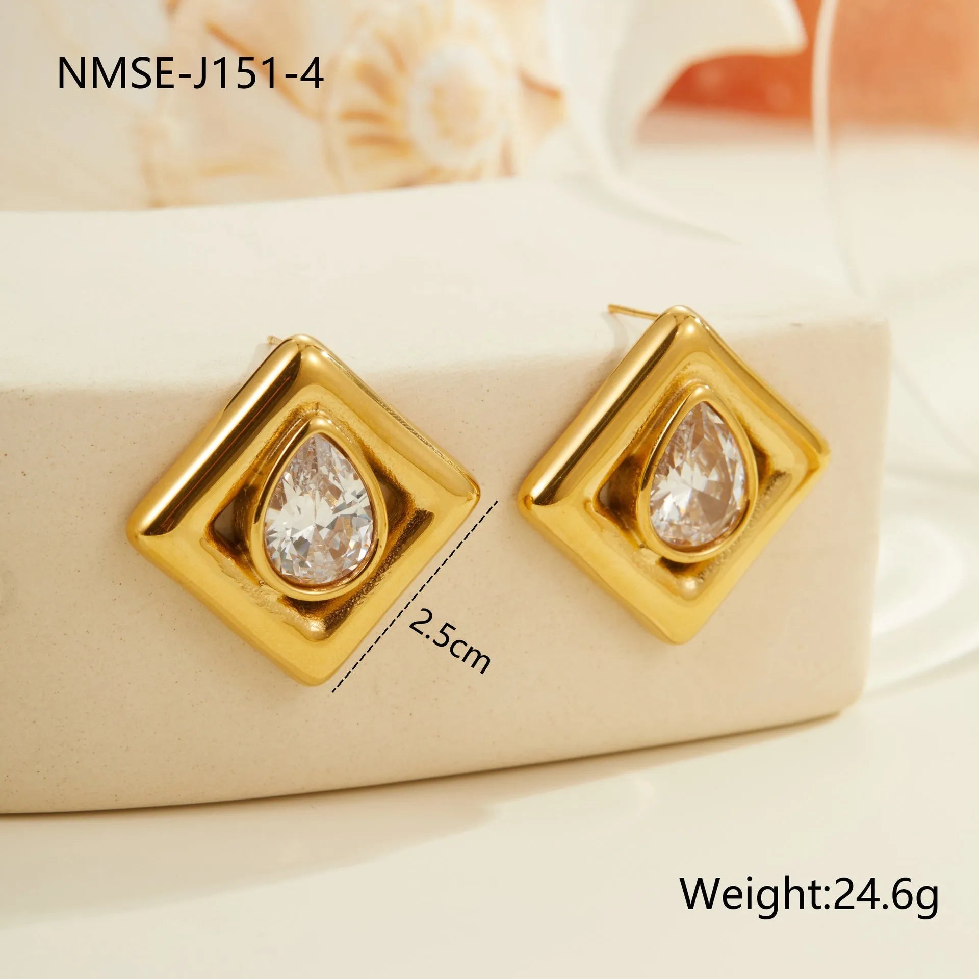 Gold geometric water drop zircon stud earrings with 18K electroplated finish