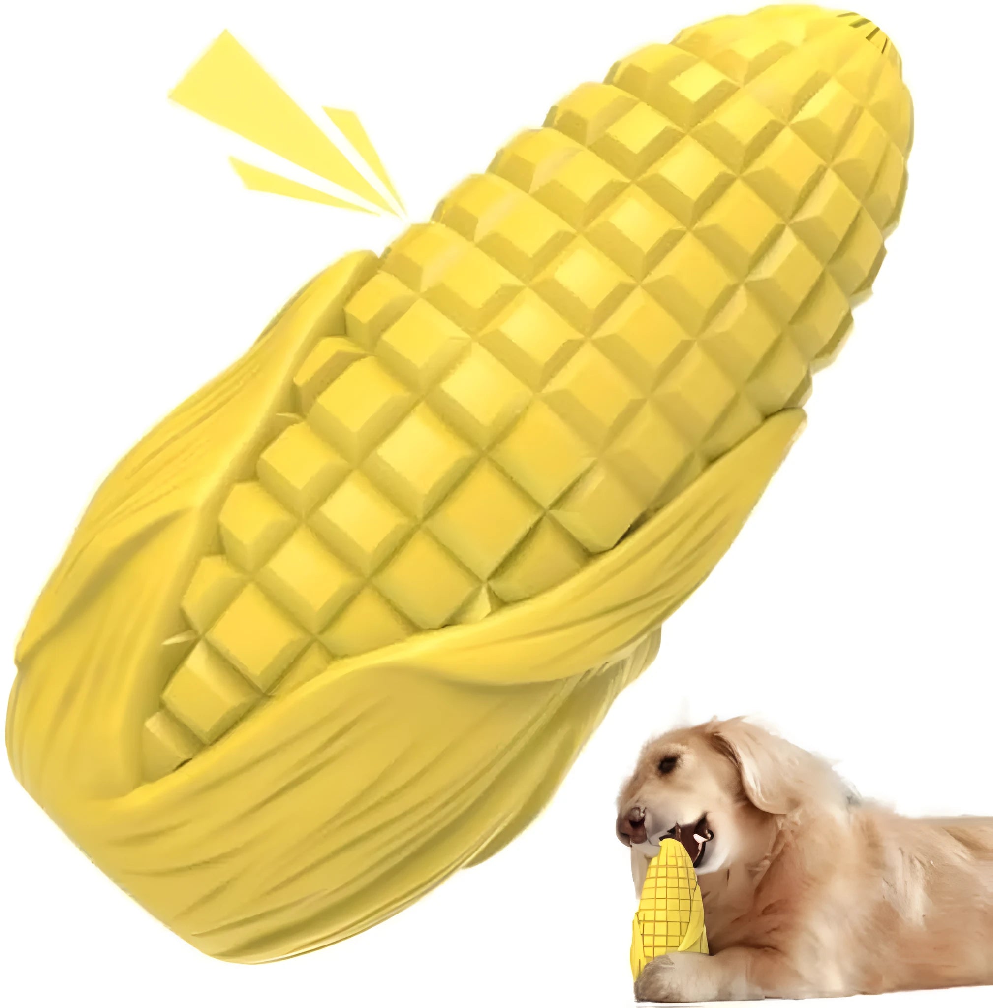 Blue and yellow corn-shaped dog chew toy for aggressive chewers with surface texture grooves