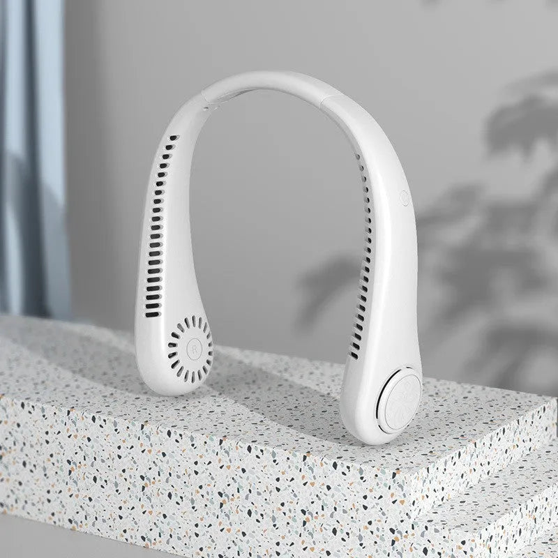 Blue USB rechargeable bladeless neck fan with a soft silicone neckband.