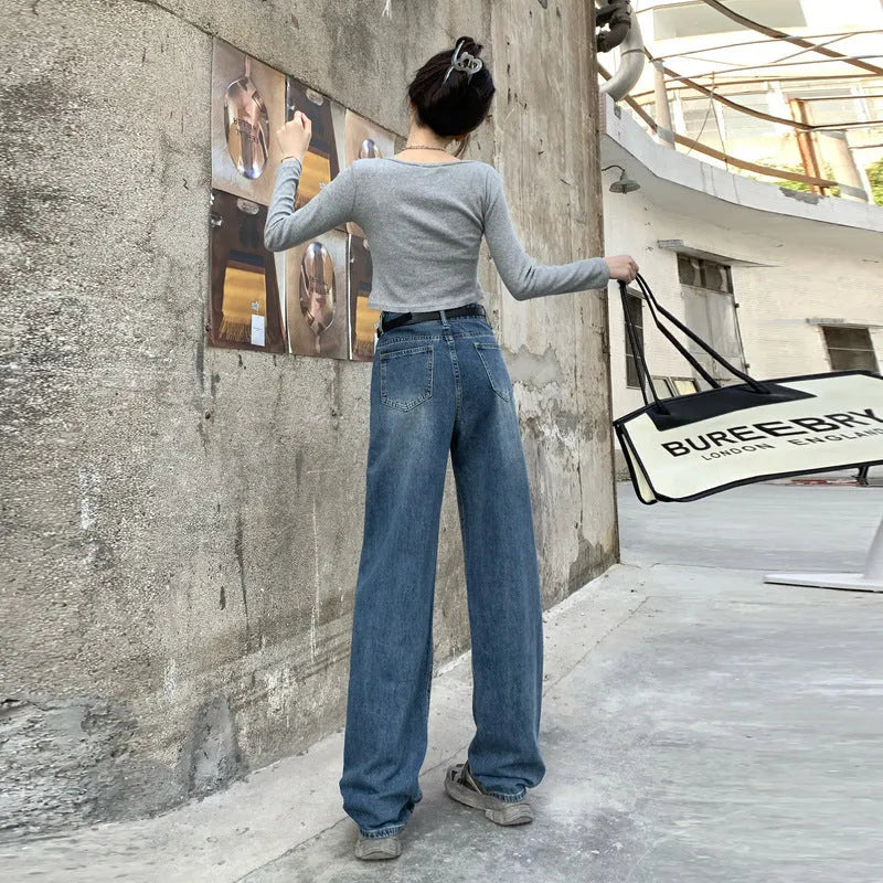 Women's retro blue high waist straight leg jeans in denim fabric