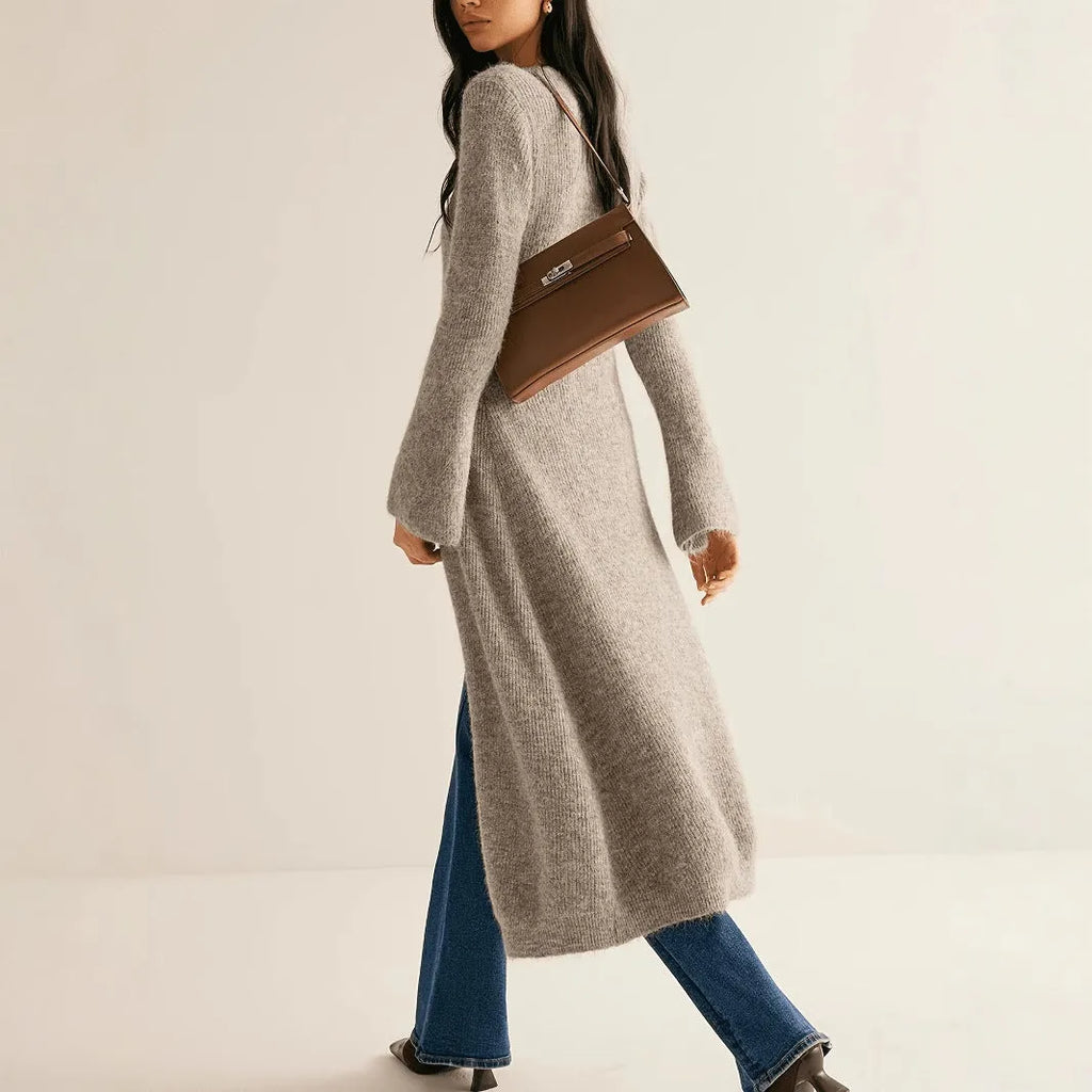 Khaki French retro style women's cardigan with button front and long sleeves