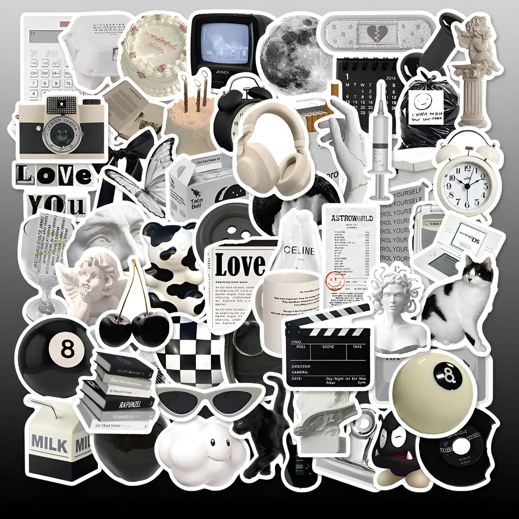 61 black and white waterproof vinyl stickers with coffee and tea cup designs for laptops and phones