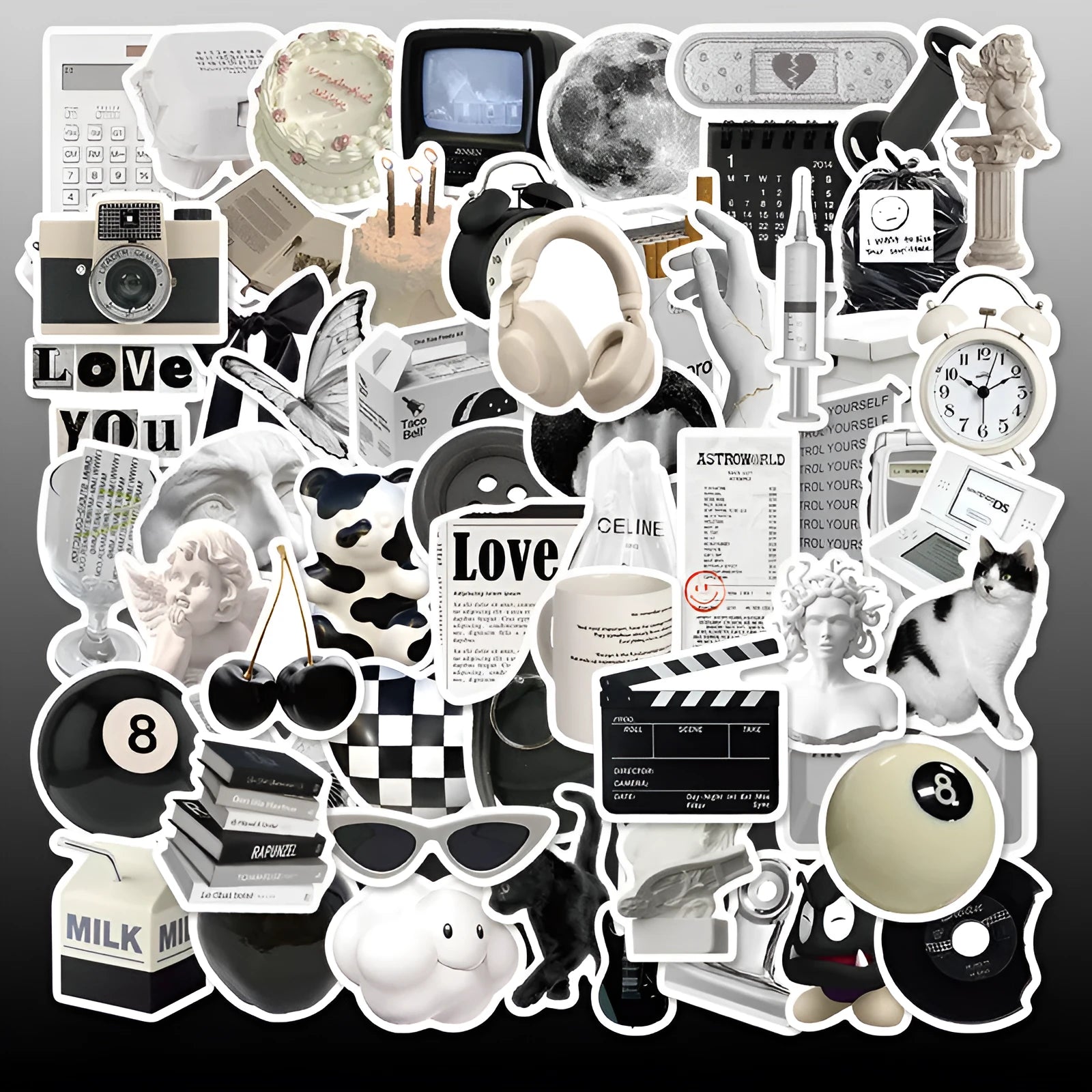 61 black and white waterproof vinyl stickers with coffee and tea cup designs for laptops and phones