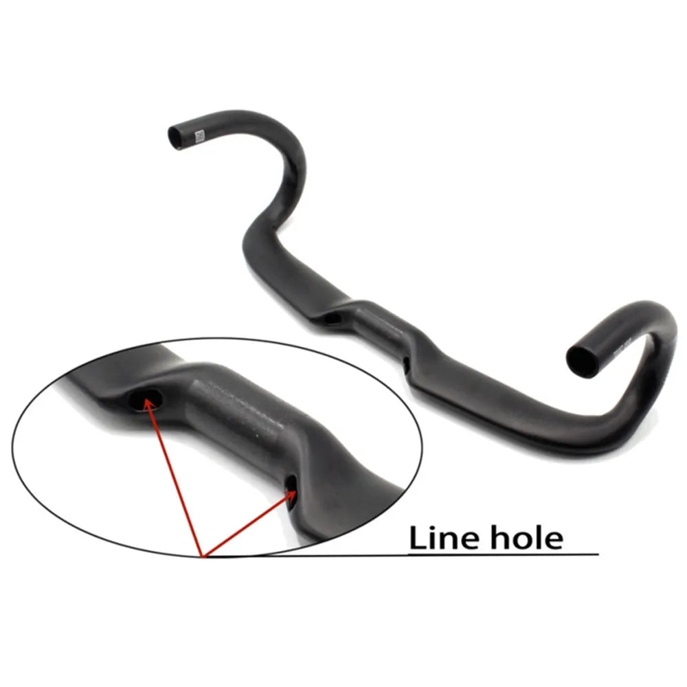Wei Bike matt carbon fibre bent road bicycle handlebar showing its curved shape.