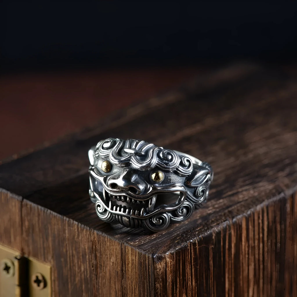 Personalised silver open ring with a diamond-patterned jibeast or animal zodiac design.