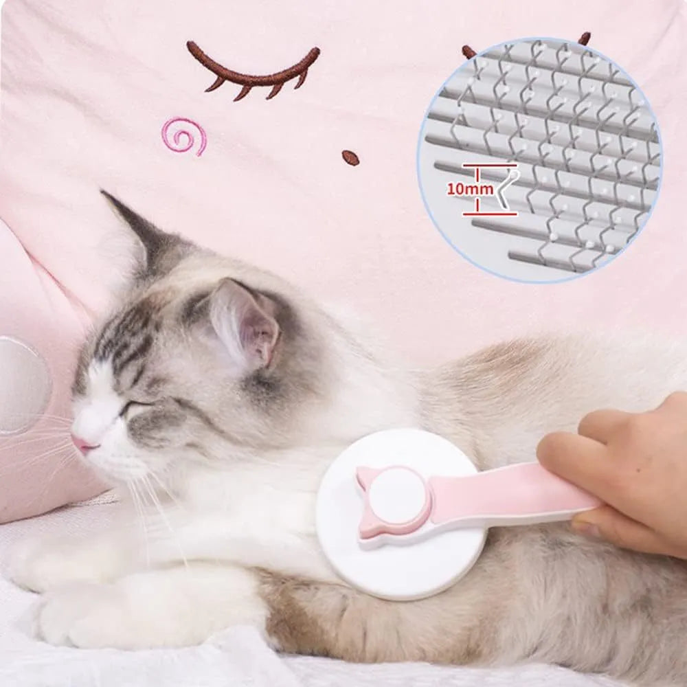 Blue self-cleaning cat and dog grooming brush with rubber handle on a white background.