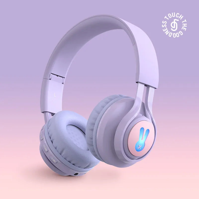 Wireless children's headphones with RGB LED lights in bunny purple or pink colours