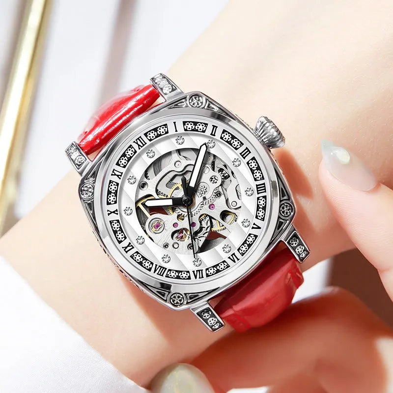 Men's leather strap mechanical watch with luminous hands on a black dial, showing water resistance and classic design.