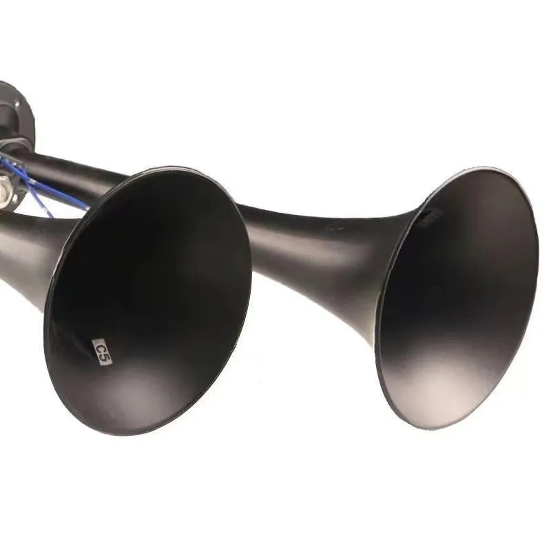 Black dual trumpet air horn kit for 12V and 24V vehicle systems