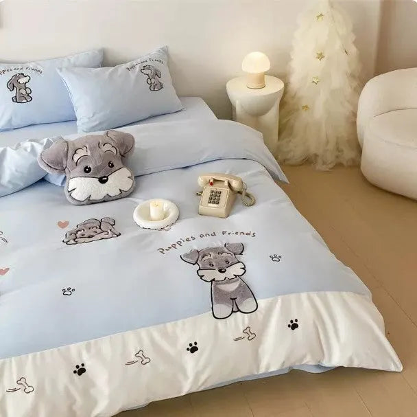 Cute Schnauzer dog pattern on a complete cotton bedding set with embroidery details