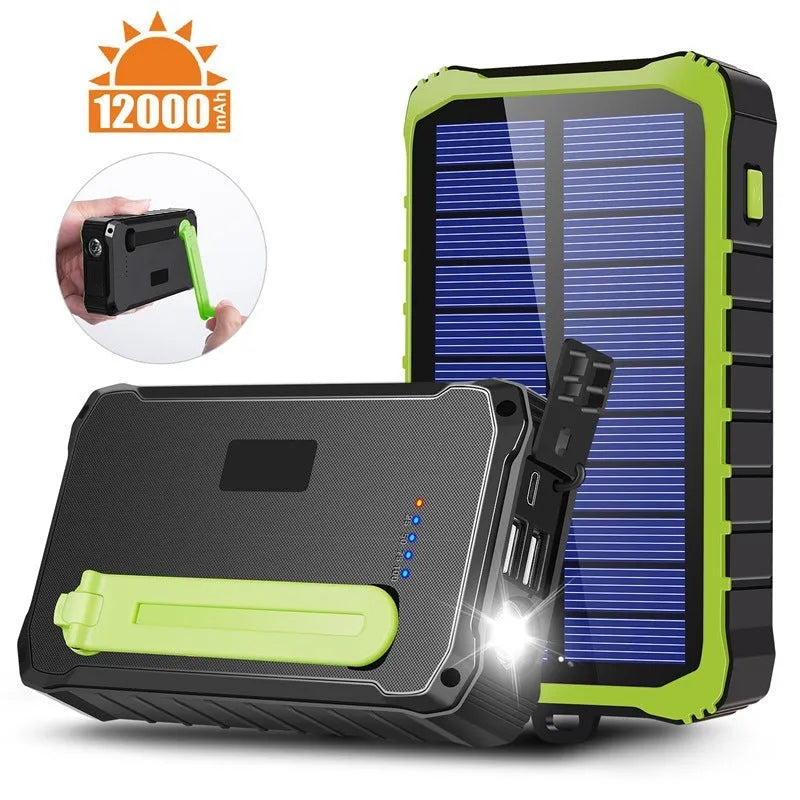 Orange and green hand crank solar power bank with 12000mAh capacity, dual USB ports, and a solar panel.