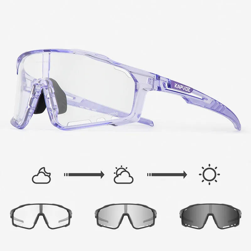 Photochromic cycling sunglasses with a semi-rimless TR90 frame in one of fourteen colour options.