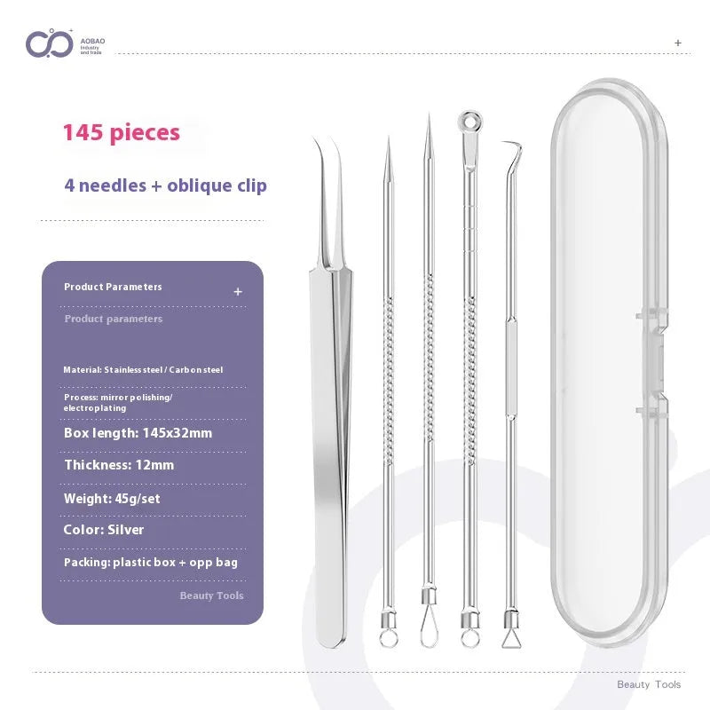 4-piece metal acne needle set with ultra fine pointed tips on silver background