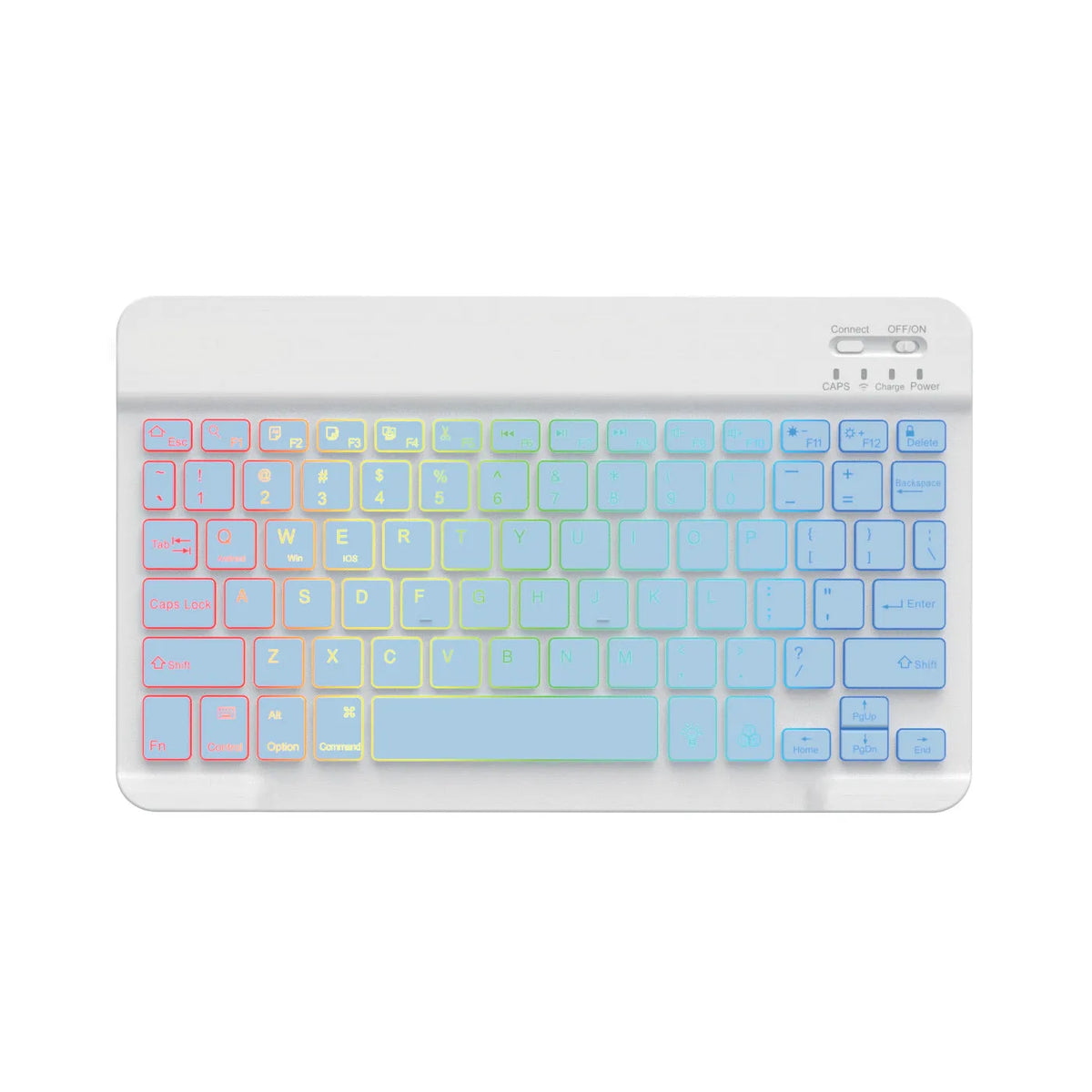 10-inch backlit Bluetooth wireless keyboard for tablets showing colourful LED lighting.