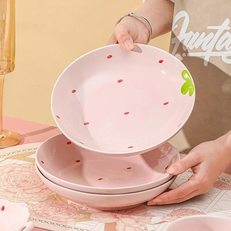 Strawberry design porcelain dinnerware set with flower bowls, plates, and spoon