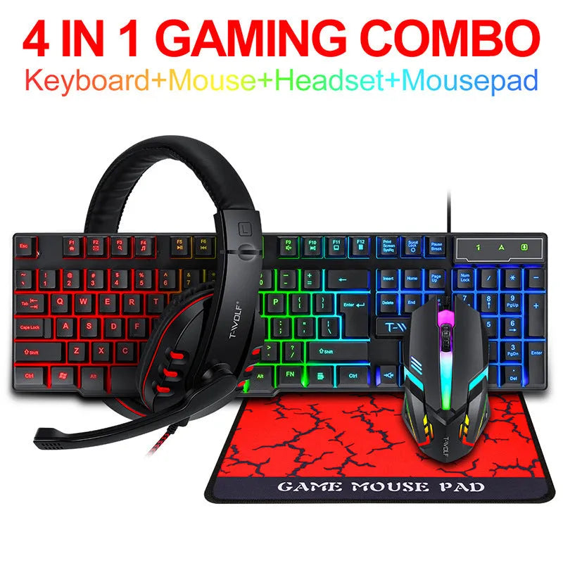 Thunder Wolf T800 and Spirit Snake wired gaming keyboard, mouse, headset, and mouse mat four-piece sets on a desk