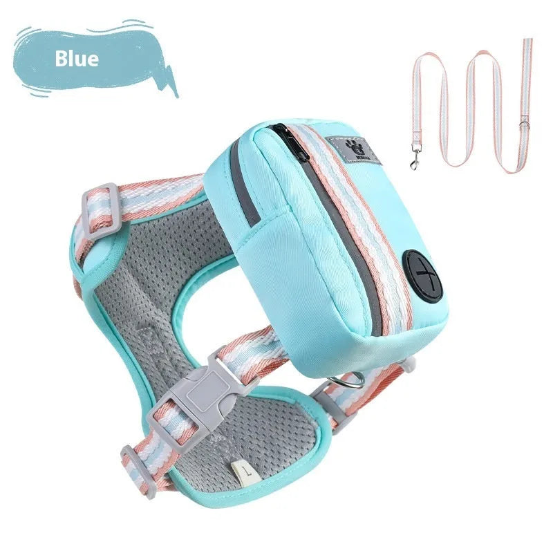 Explosion-proof anti-strathulation dog harness in Oxford cloth with attached chest strap and rope.