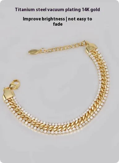Gold tennis bracelet with titanium steel construction and stone inlay for men and women