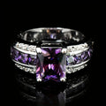 Zinc alloy fashion ring with blue diamond or purple zircon stone, shown in sizes 6 to 11.