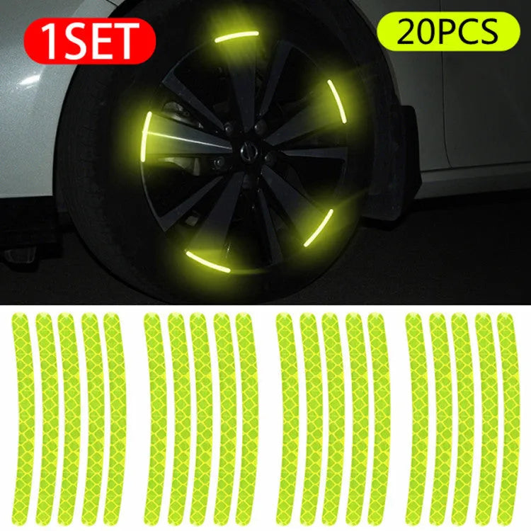 Pack of 20 arc-shaped PVC reflective stickers for car wheel hubs in assorted high-visibility colours.