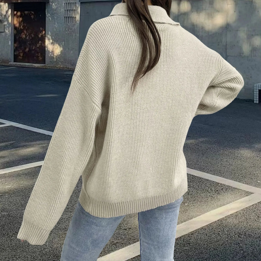 Women's retro alpaca wool pullover sweater with oblique zipper and text pattern in light khaki