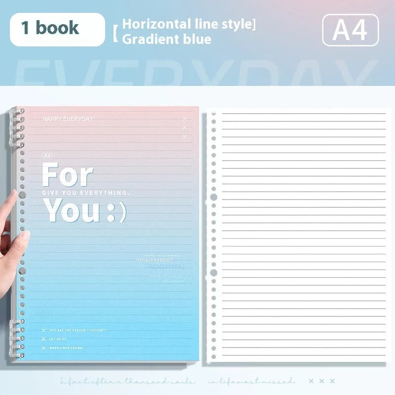A4 and B5 removable coil notebooks with gradient coloured PP covers in green, blue, pink, and purple.